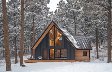 A contemporary A-frame cabin in the woods, surrounded by pine trees in winter
