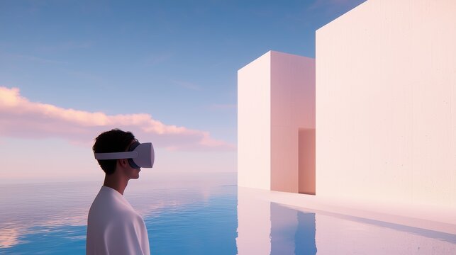 A designer fully immersed in VR manipulates 3D models of a cutting-edge building, symbolizing the shift toward virtual space exploration in architecture.