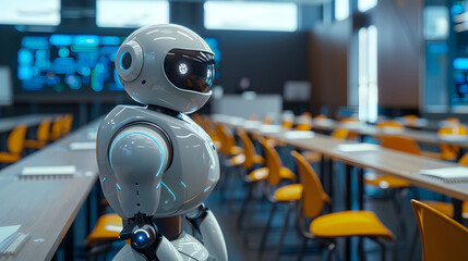 Fototapeta premium Robotic educator is positioned in a contemporary classroom designed for interactive learning. Generative by AI