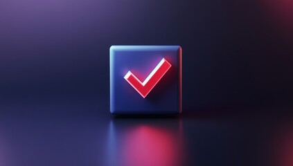 3D icon of a checkmark in a square box on a dark background, with a minimalistic design featuring red and blue gradients Generative AI