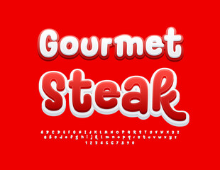 Vector foodie advertisement Gourmet Steak with artistic bright Font. Creative Red and White Alphabet Letters and Numbers set