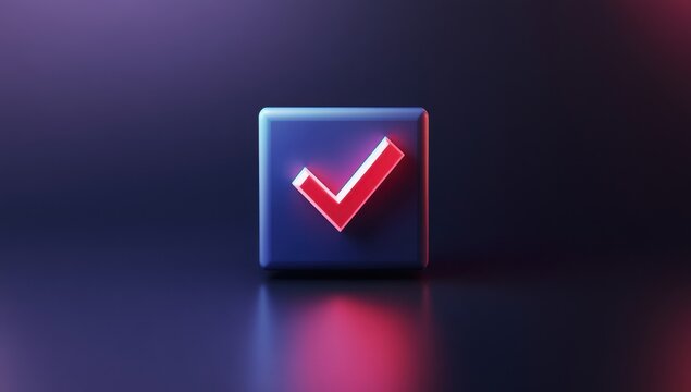 3D icon of a checkmark in a square box on a dark background, with a minimalistic design featuring red and blue gradients Generative AI