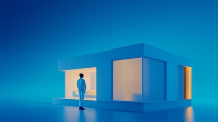 Obraz premium A futuristic homebuyer tours a fully immersive VR model of a house, inspecting each room in detail before deciding to make a purchase, highlighting the future of real estate.