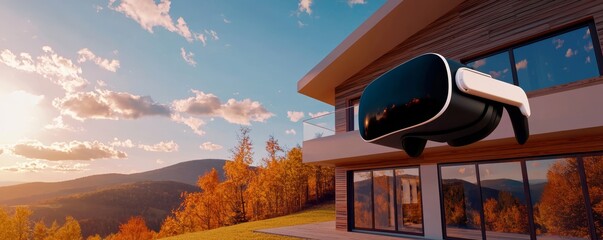 A futuristic scene where homebuyers use VR to explore a modern eco-friendly house, experiencing energy-efficient features and sustainable materials in virtual reality.