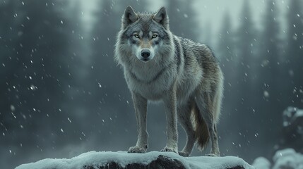 A lone wolf stands majestically in a snowy forest.