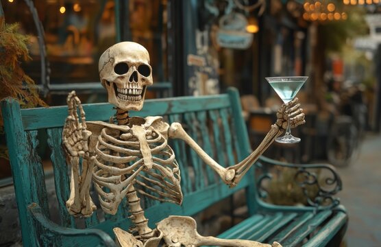 A skeleton sitting on a green bench, holding a martini glass, waving to camera