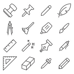  Drawing tools flat line icons set. Pen, pencil, paintbrush, dropper, stamp, smudge, paint bucket, vector illustrations. Outline minimal signs for web interface