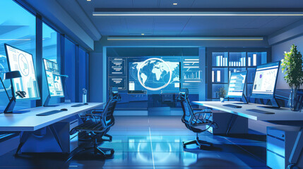 A modern office with automation systems handling administrative tasks, project tracking, and data analysis to streamline operations.