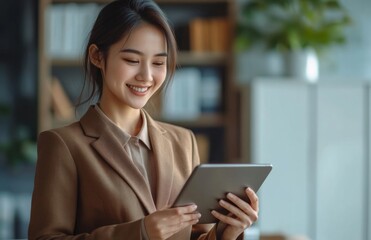 Obraz premium A young Asian businesswoman in a brown suit uses a tablet while standing at a desk