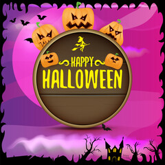 Happy Halloween banner with bats, cat, castle, graveyard and Halloween scary pumpkins isolated on spooky night background . Funky kids Halloween banner with greeting text