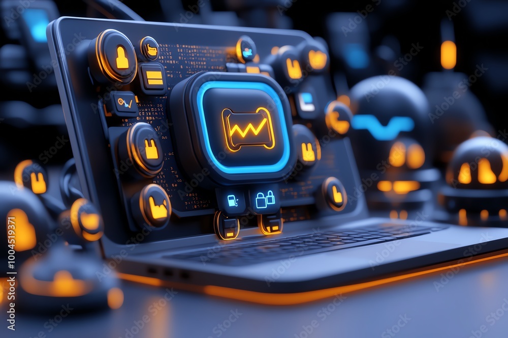 Poster Hyper-realistic laptop screen displaying an encrypted message, showing vivid details of the digital locks and chat bubbles