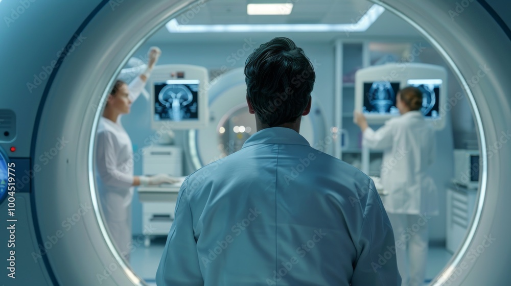 Poster a man in a white lab coat stands in front of a large mri machine