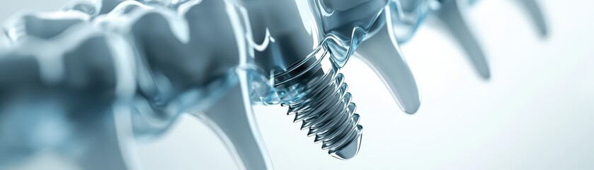 Close-up of a dental implant in a realistic 3D rendering, showcasing its intricate details, copy space