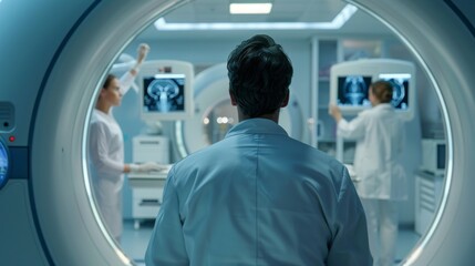 A man in a white lab coat stands in front of a large MRI machine
