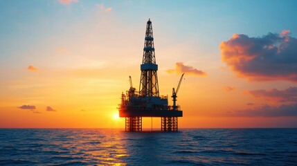 Oil Rig at Sunset over Ocean Waves