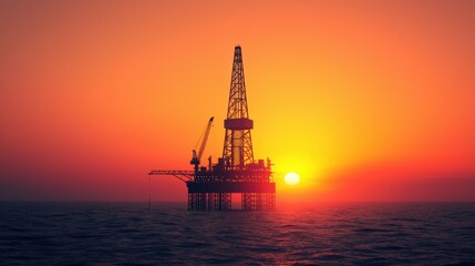 Oil Rig Silhouette Against Vibrant Sunset Over Ocean