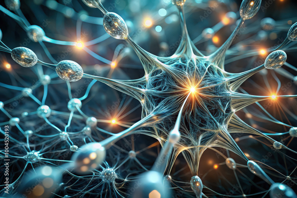 Poster exploring the intricate beauty of a neuron network illuminated by soft luminescence in a microscopic