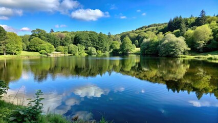 Obraz premium Peaceful lake reflecting lush green hills and clear skies.