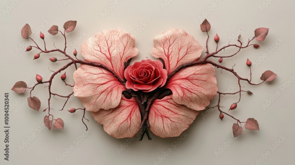 Poster a stunning floral artwork displays a rose surrounded by delicate leaf structures and budding branche
