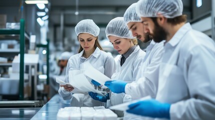 Obraz premium Team of food production workers inspecting packaging in a quality control area during daytime
