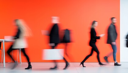 Blurred office workers move between meetings and desks, symbolizing the high-energy environment where each action is a step toward achieving corporate goals.