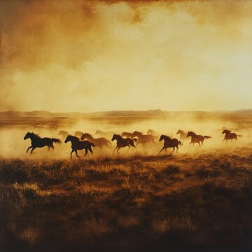 Majestic wild mustangs running across expansive desert landscape.