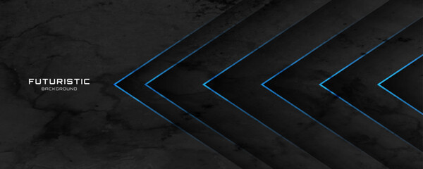 Obraz premium 3D black rough grunge techno abstract background overlap layer on dark space with blue arrows decoration. Modern graphic design element cutout style concept for banner, flyer, card, or brochure cover