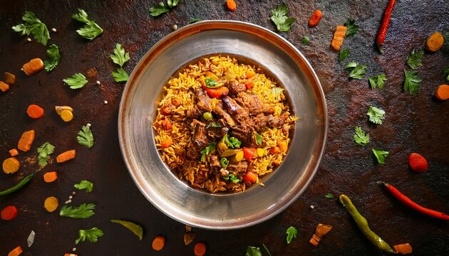 Bountiful plate of maqluba is displayed on a table, showcasing fluffy rice, succulent lamb, and a variety of vibrant vegetables