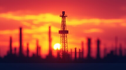 Oil Rig Silhouette Against Sunset Sky