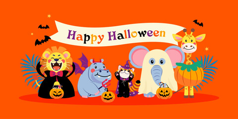 Happy Halloween Greeting Card Vector illustration. Cute animals in halloween costume
