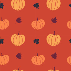 Autumnal seamless pattern with pumpkins, fall plants . Hand drawn vector repeating background for autumnal holiday, Thanksgiving Day, pumpkin harvest. Design element for wrapping, banner, flyer, card