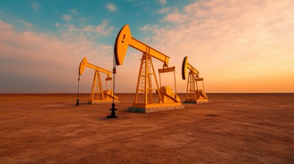 Fototapeta premium Yellow Oil Pumpjacks at Sunset in a Desert Landscape