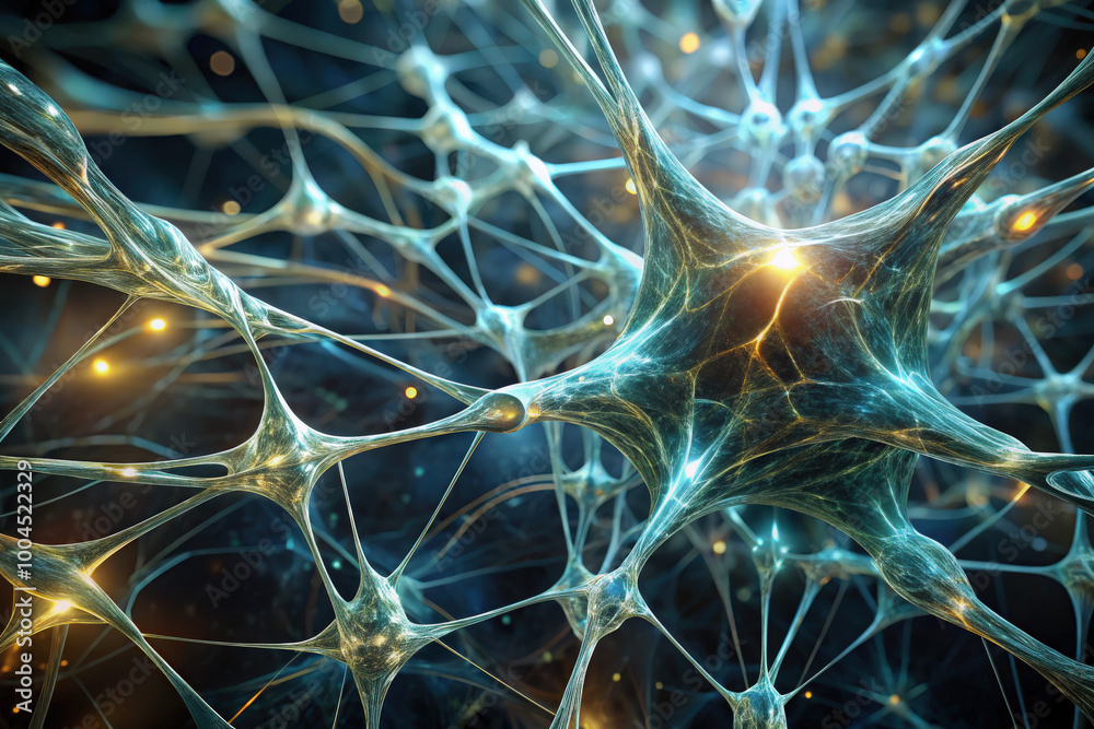 Poster intricate network of luminous neurons shining in a dark backdrop, representing the complexity of the