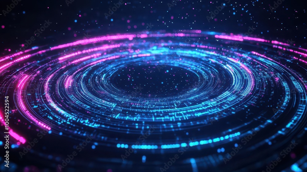 Poster digital vortex made of glowing lines and holographic particles, dark space background, techinspired 