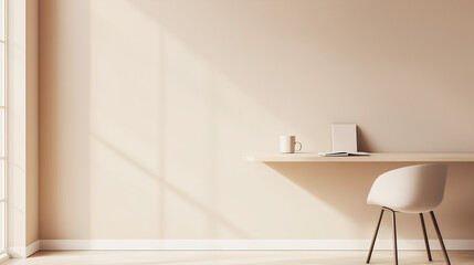 A minimalist workspace showcasing a floating desk with a modern, slim chair. The desk holds only a notebook and a cup of coffee, against a neutral-colored wall