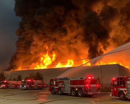 Dramatic Fire Rescue Scene Intense Blaze Engulfs Building with Fire Trucks, Smoke, and Urgent Response - Industrial Disaster Concept