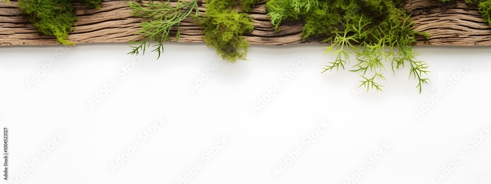 Wall mural White Background with Mossy Branch and Leaves