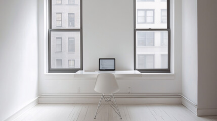 A minimalist workspace with a floating desk, clean white walls, and a simple laptop setup. The space features large windows with soft light and a modern office chair