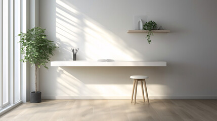 Fototapeta premium A minimalist workspace with a floating wall-mounted desk and a simple stool. No items are placed on the desk, and the floor is clear, enhancing the open feel