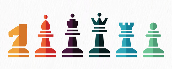 Colorful stylized silhouettes of chess pieces, including Knight, Bishop, King, Queen, 
Rook, and Pawn, arranged in a row