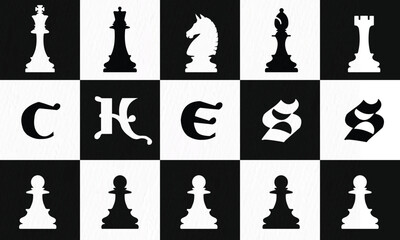 A stylized chessboard featuring black and white chess pieces, with artistic lettering spelling 