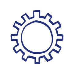 Gear sketch. Hand drawn vector illustration. Blue pen or marker drawing. Primitive kids picture