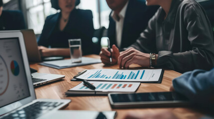 A nonprofit organization's leadership team meeting to discuss fundraising strategies and future community outreach programs, with charts of donation data on display.
