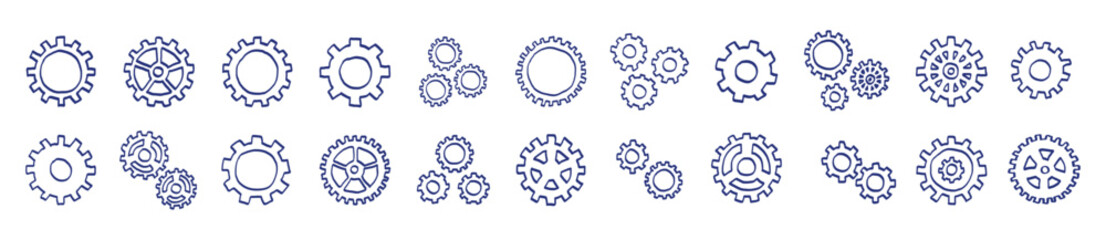 Gear sketch set. Hand drawn vector illustration collection. Blue pen or marker drawing. Primitive kids picture