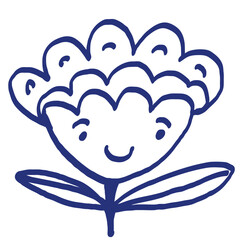 Smiling flower sketch. Hand drawn vector illustration. Blue pen or marker drawing. Primitive kids picture