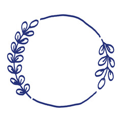Frame with leaves sketch. Hand drawn vector leaf illustration. Blue pen or marker floral drawing. Primitive kids picture
