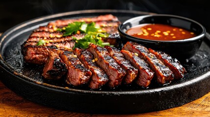 Sizzling Grilled Beef Slices Served on Hot Plate