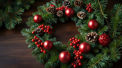 Christmas tree decoration with red ball and gold ornament hanging from green pine branch for holiday celebration