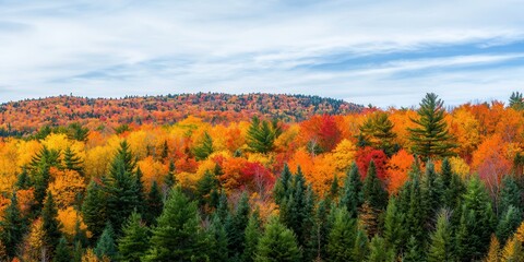 Fototapeta premium A vibrant autumn landscape featuring a mix of colorful trees, showcasing shades of orange, yellow, and green against a serene sky.