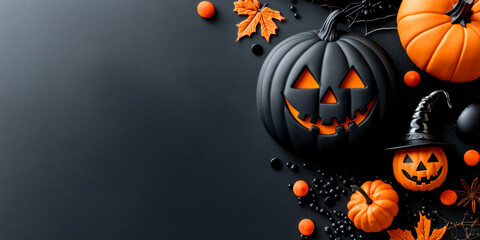 A festive flat-lay banner showcasing Halloween decorations, Jack-o'-lantern molds, and witch hat cookies with ample copy space for text